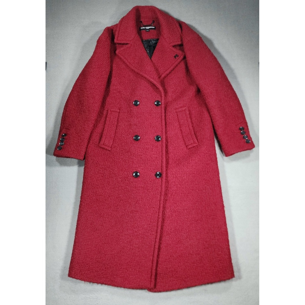 Karl Lagerfeld Paris Textured Double Breasted Red Wool Blend Overcoat Longline